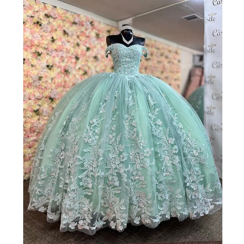 

ANGELSBRIDEP Зеленые платья с открытыми плечами, бальное платье, Цветочная аппликация, кружевной бант для милых девушек 15 дюймов, на заказ