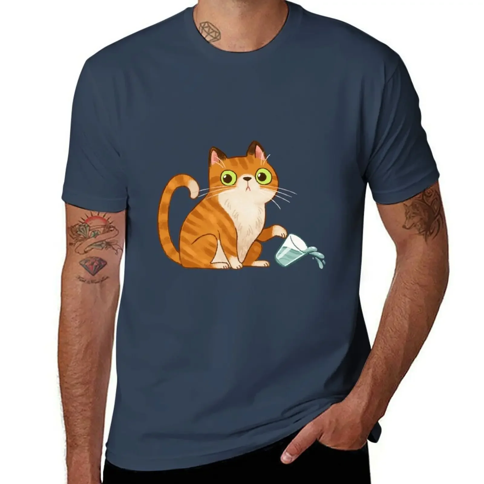 

Cat tipping glass T-shirt blanks cute tops blacks mens clothing