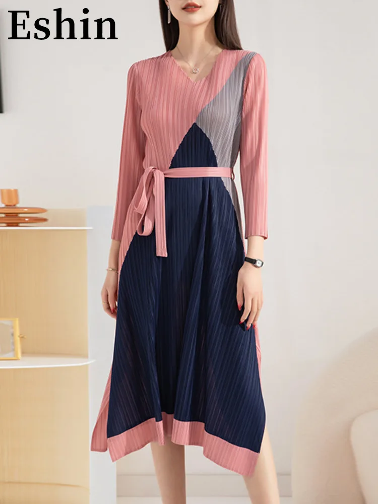 

Eshin V Neck Contrast Color Patchwork Three Quarter Belt Pleated Dress For Women 2023 Summer Fashion Female New Dresses TH4056