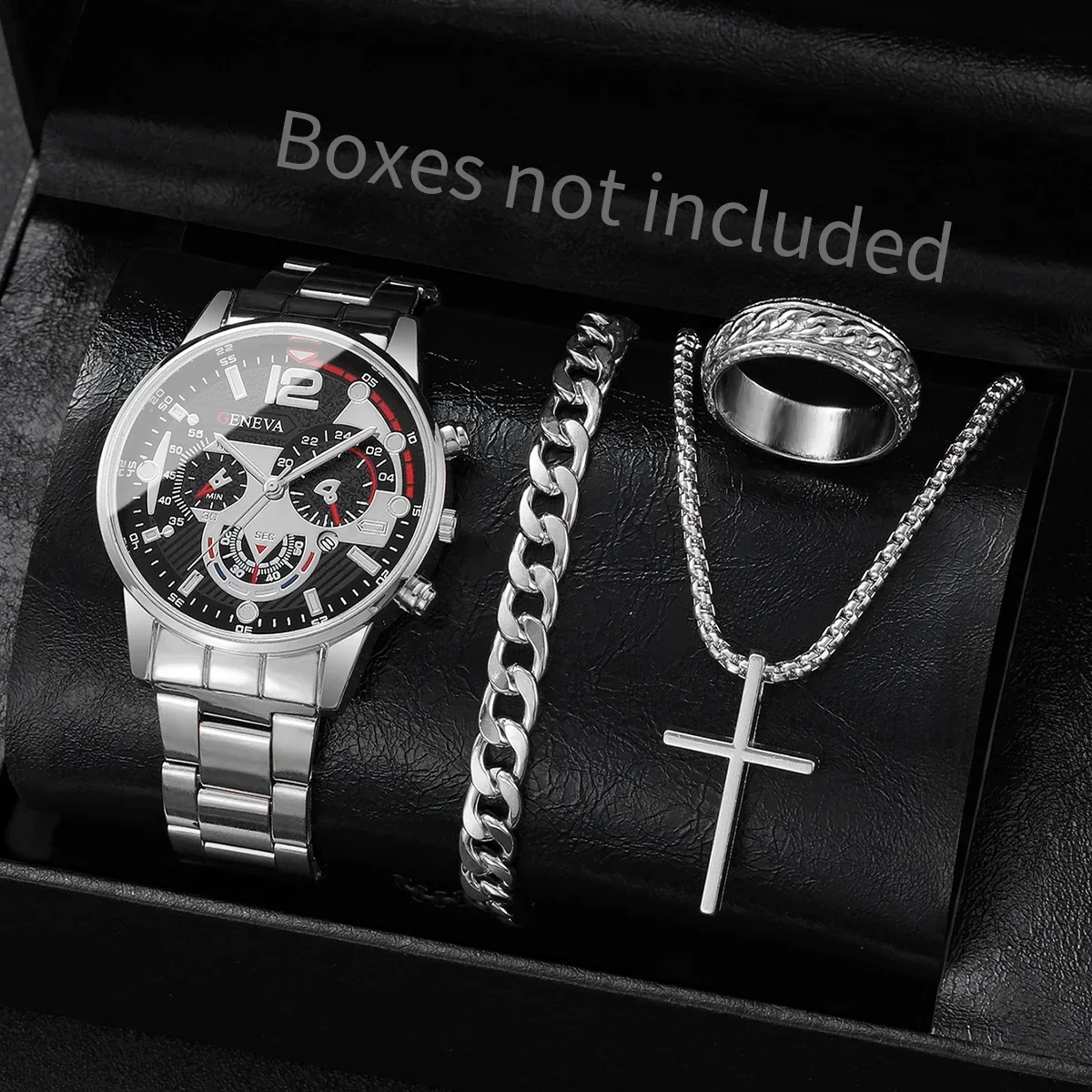 4PCS Mens Business Watch Bracelet Ring Set Analog Mechanical Quartz