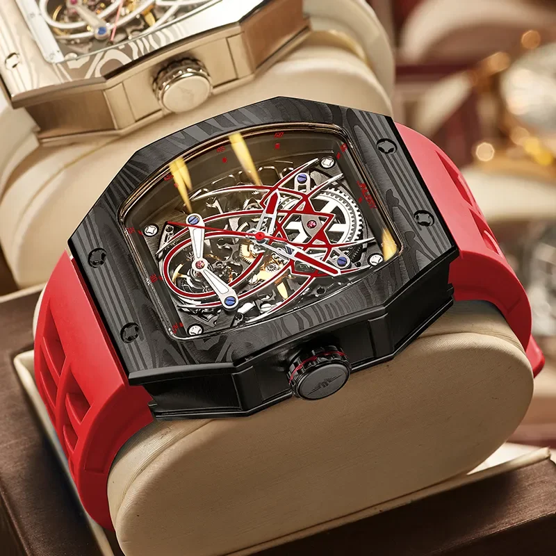 

JINLERY Men's Watch Spider Edition Automatic Mechanical Movement Watch For Men Luxury Rubber Strap reloj hombre Tonneau Richard