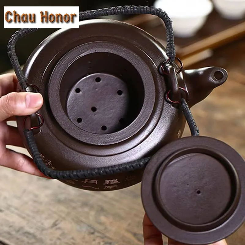 770ml Authentic Yixing Raw Ore Purple Clay High Capacity Loop-handled Teapot  Handmade Sculpture Landscape Chinese Kungfu Teaset