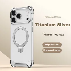 Luxury Leather Ultra Thin Frameless Magnetic Case with Metal Bracket - iPhone 15 (Titanium Silver)