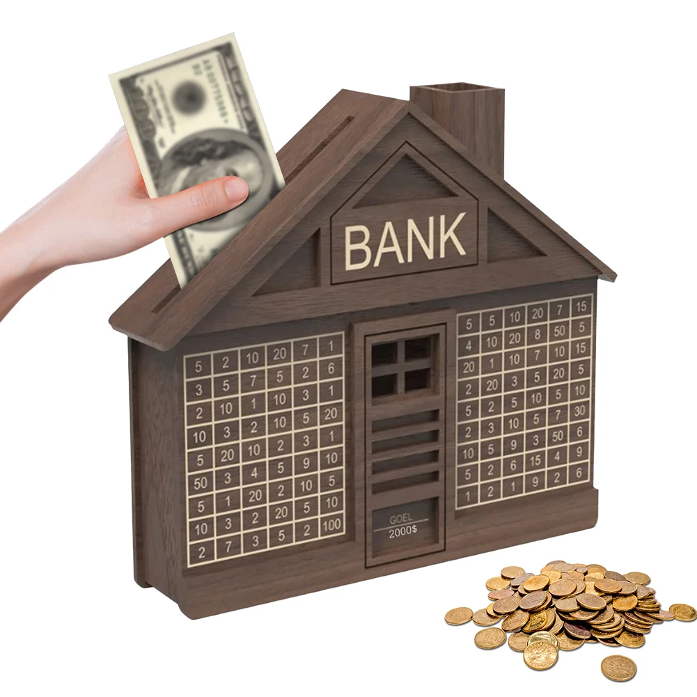 House Shaped Piggy Bank Money Saving Box with Number & Marker Rustic Coin Bank Money Storage Box for Children and Adults