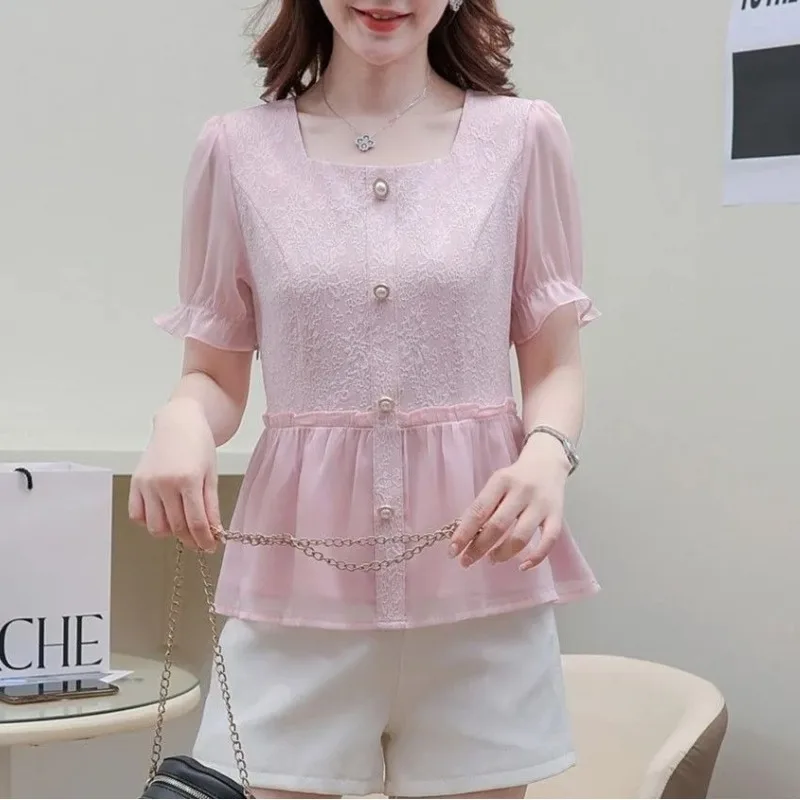 여성용 시폰 블라우스, 우아한 스플라이스 단추, 단색 스퀘어 칼라, 반팔 레이스 자카드 풀오버 셔츠, 여름 신상 패션