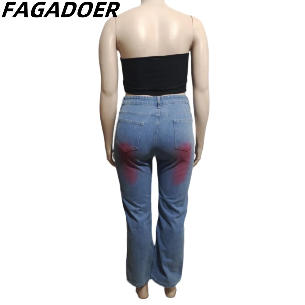 FAGADOER Fashion Streetwear Women Tie Dye Print Straight Denim Pants Casual High Waist Button Loose Jean Trousers Female Bottoms