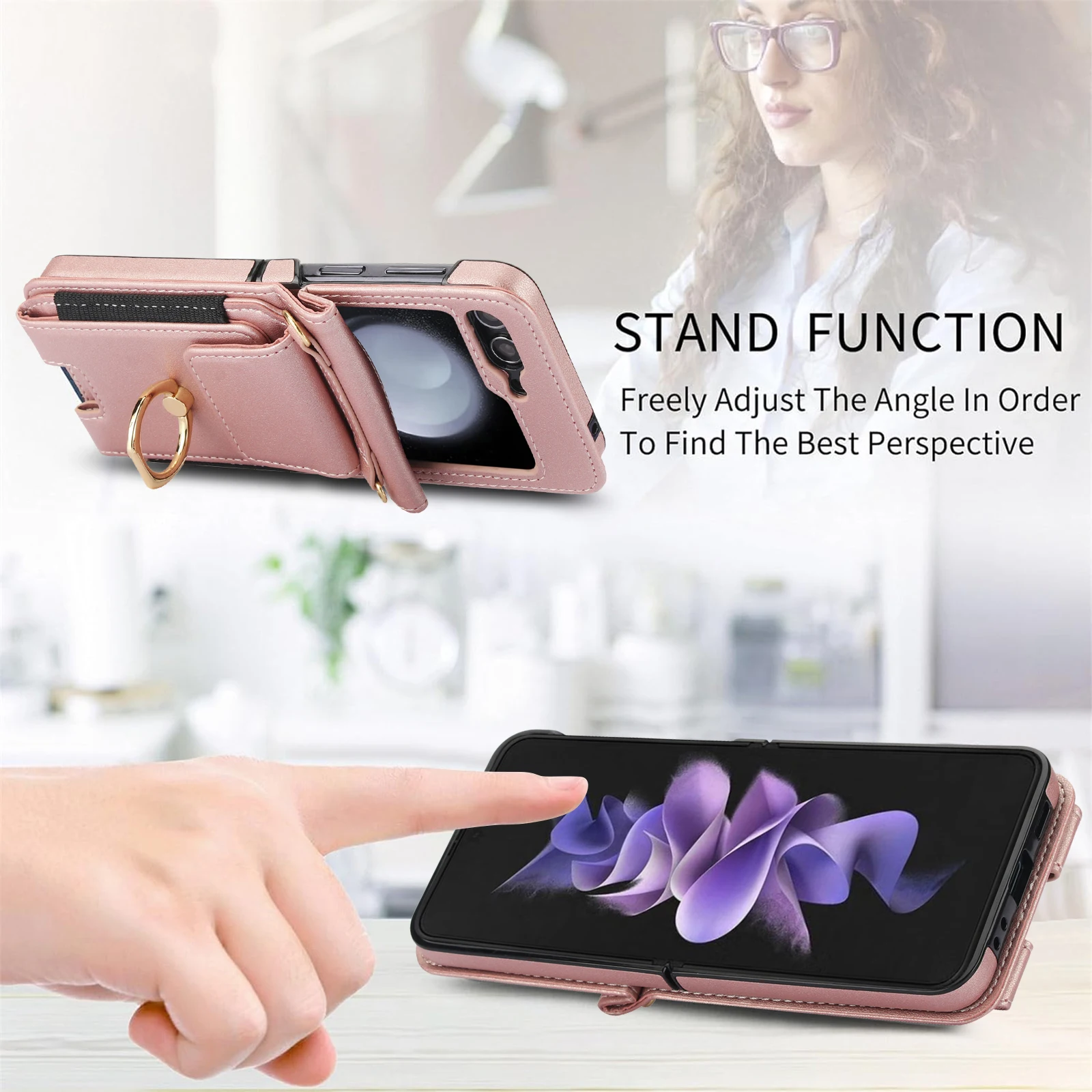 Elastična kožna futrola za prstenje s karticama za Samsung Galaxy Z Flip 6 5 4 3 5G Flip6 Flip5, vertikalna torba s vrpcom_voghion.com