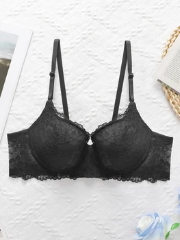 Black lace ribbon steel support bra sexy lingerie with padding gathering pull up women's underwear B6097 1