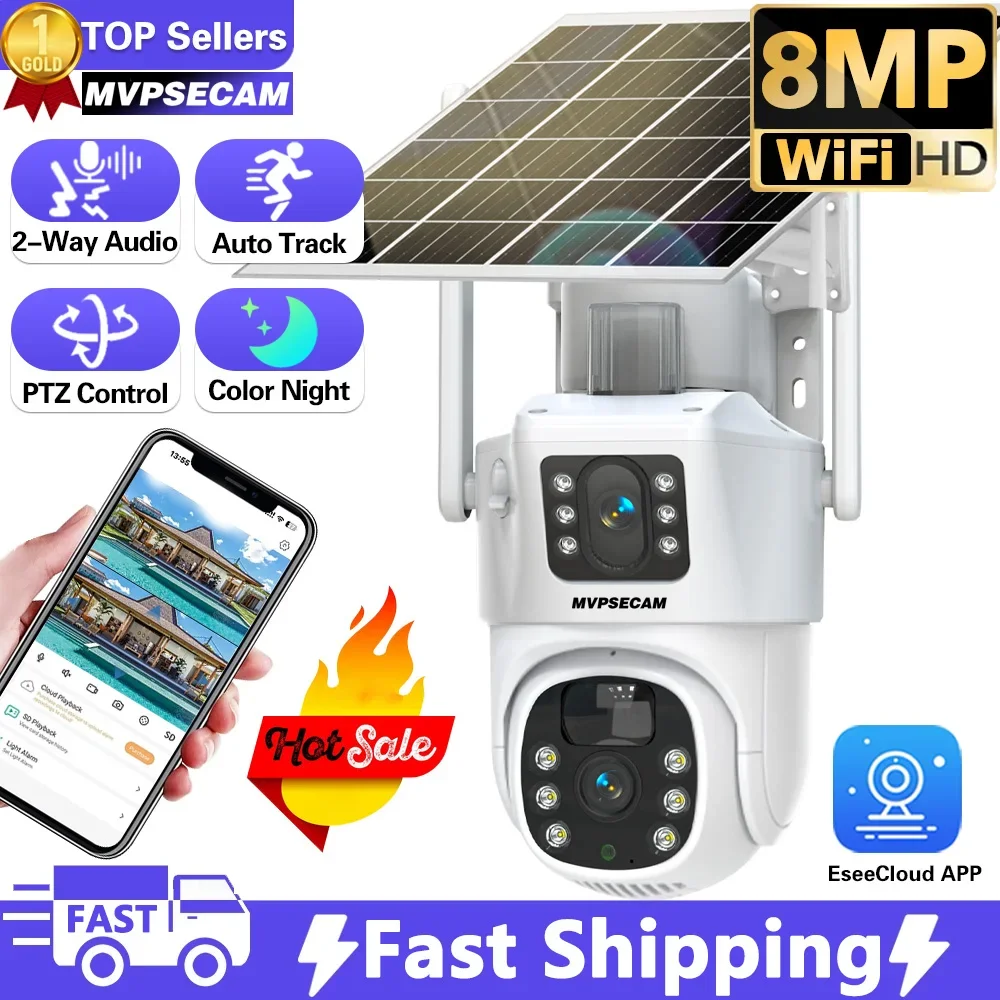 Solar Cam Wifi Dual Lens 8Mp Hd Wireless Security Cctv Impermeabile Visione Notturna Pir Human Detect Ptz Telecamere Di Sorveglianza Domestica