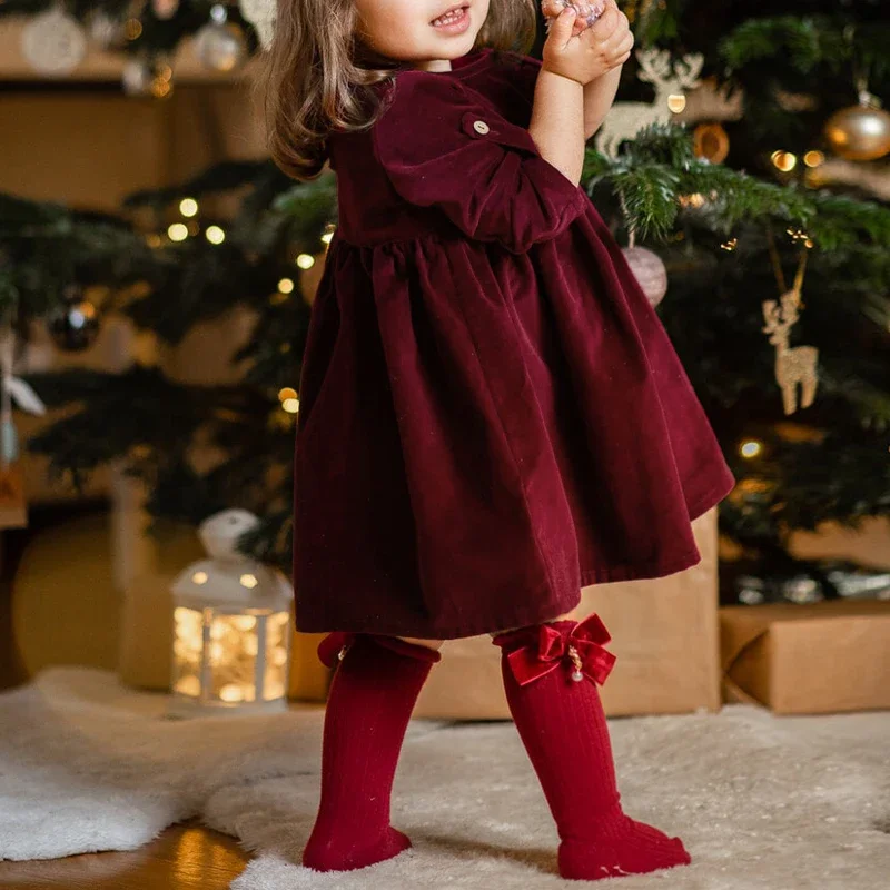 Chic Christmas Red Evening Party Velvet Dress Girls Solid Color Loose Long Sleeved Autumn Dresses Toddler Kids Clothes