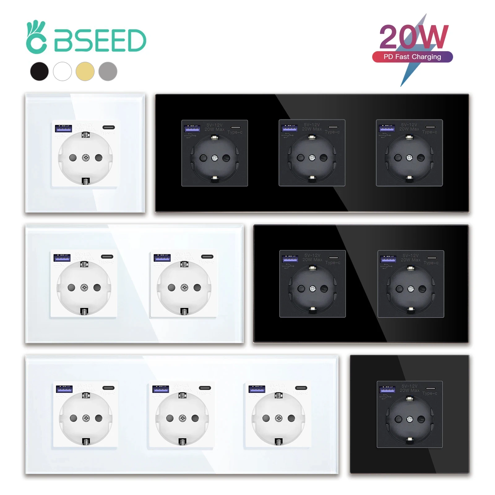 BSEED 20W 유형-C USB 소켓 EU 벽 소켓 이중 전원 소켓 독일 소켓 트리플 전기 소켓 고속 충전 유리 패널