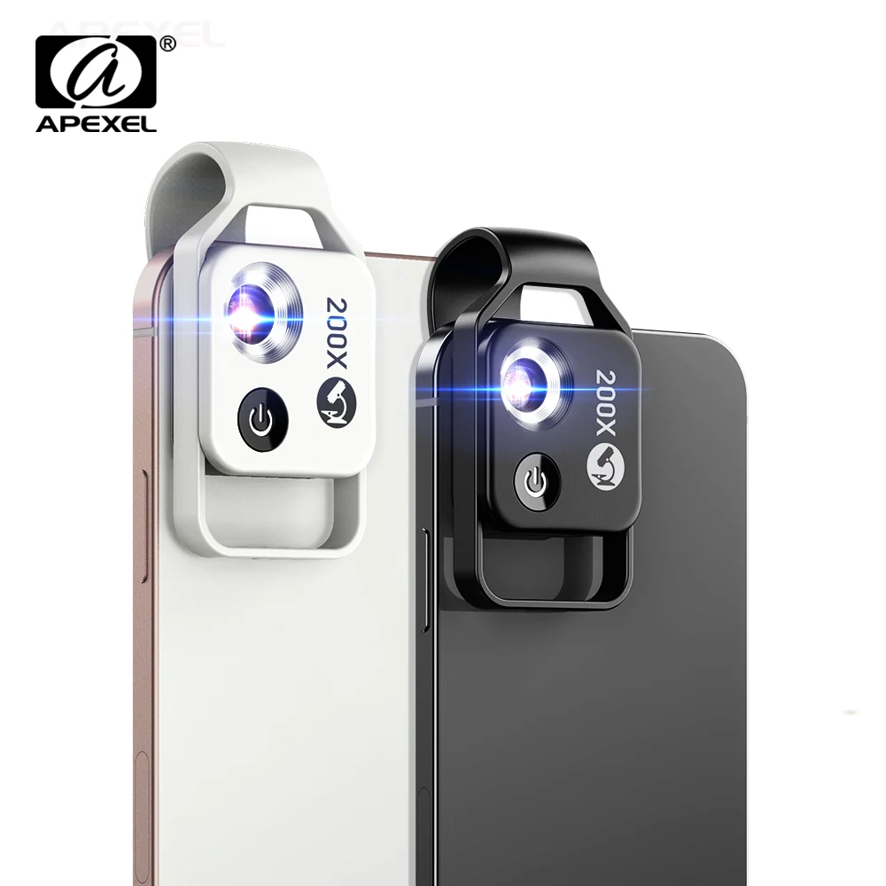 APEXEL 200X magnification microscope lens withCPL mobile LED Light micro pocket macro lenses for iPhone Samsung all smartphones phone lens
