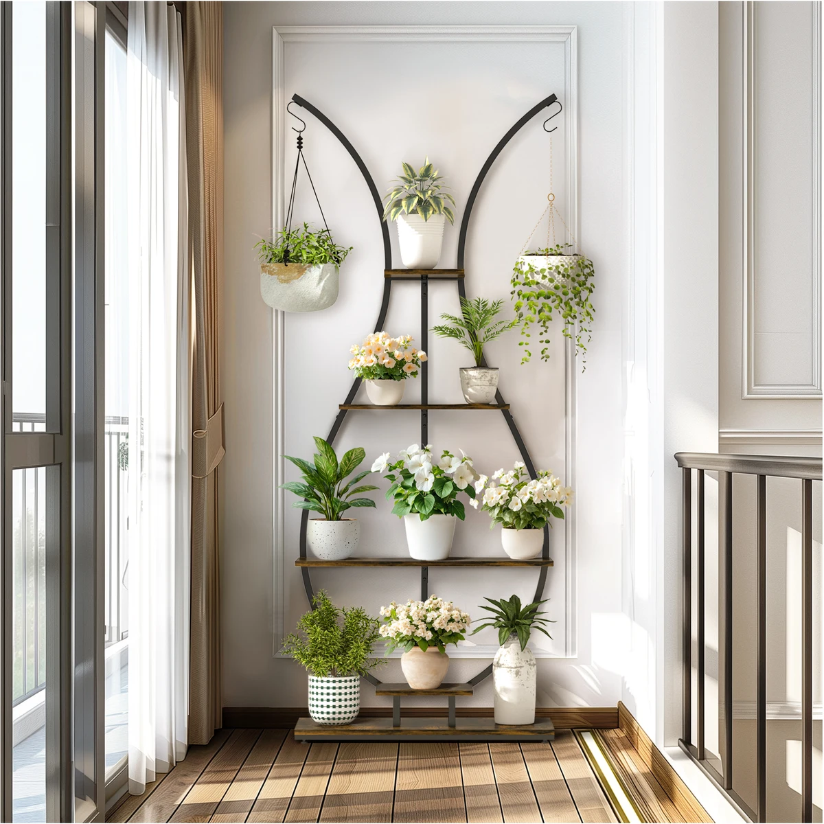 Vase Shape Tall Planter Display Rack Metal Garden Plant Stand with 5 Tiers and Hangers — view 6
