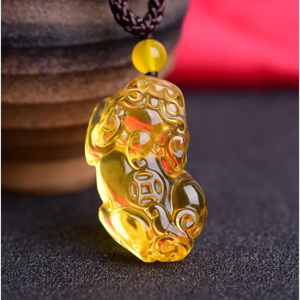 Hand Carved Natural Citrine Pixiu Pendant Necklace Men Women Bring Wealth Yellow Crystal Amulet Sweater Chain Jewelry pendant necklace