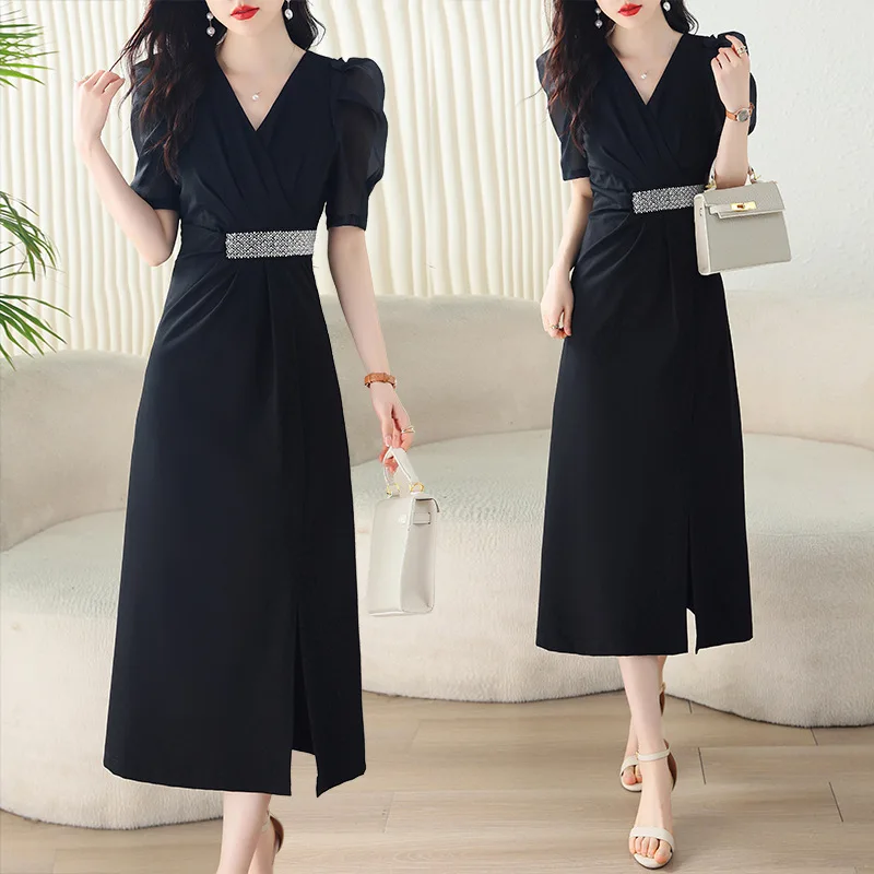 French Style Black Dress Female Summer New Waist Slimming High-End Diamond-Embedded Temperament V-neck Slit Midi Skirt 2021 autumn new french fashion temperament fairy skirt v neck close waist bottoming long sleeved mid calf dress women