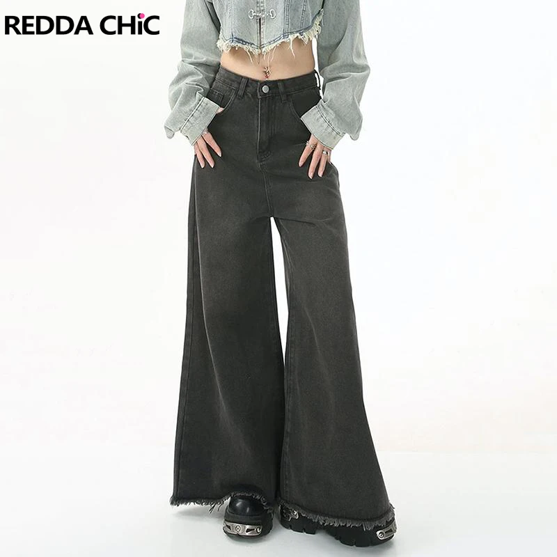

Женские черные мешковатые джинсы ReddaChic, потертые брюки большого размера с высокой посадкой и широкими штанинами, винтажные джинсовые брюки Y2k в стиле Харадзюку, уличная одежда в стиле эмо