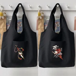 Harajuku Woman Bag Casual Commuter Bag Tote Bag Handbag Cartoon Samurai Pattern Printed Canvas Bag Japanese Black Shoulder Bag