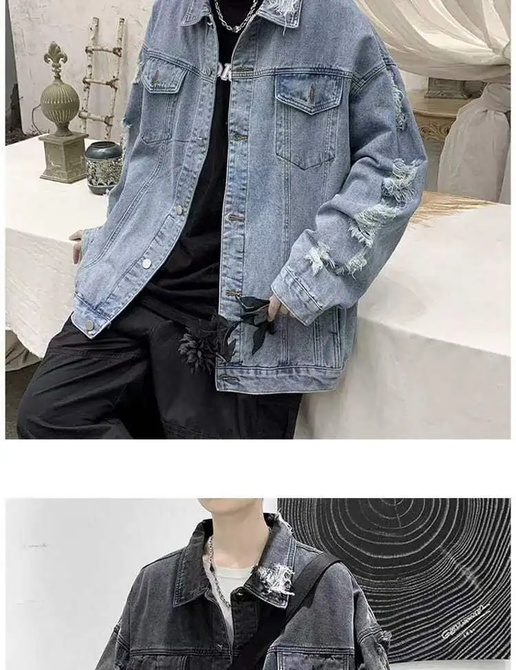 Spring Autumn Ripped Denim Jackets Men's Causal Loose Oversize Handsome High Street Overcoat Men Tops Male Clothes