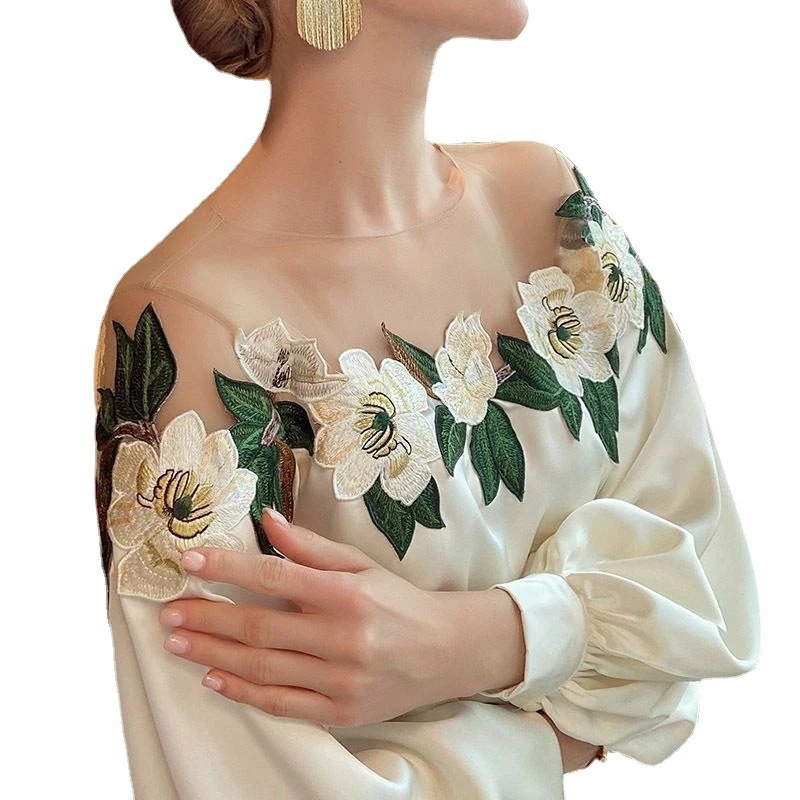 New Autumn Women's Mesh Off-Shoulder Printing Decorative Women's Long Sleeve Shirt Elegant Lantern Sleeve Crew Neck Blouse 24976