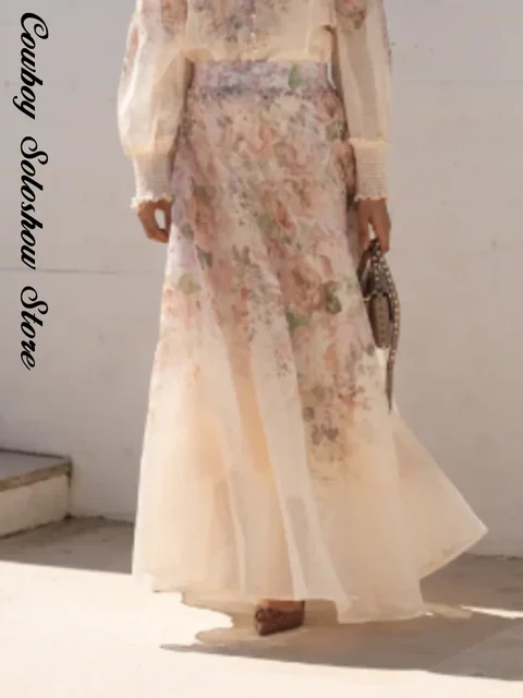 Elegant Printed Long Skirt Set Women Loose Flower Button Full Sleeved Shirt Pleated A-line Skirts 2025 Summer Party Lady Outfits 4