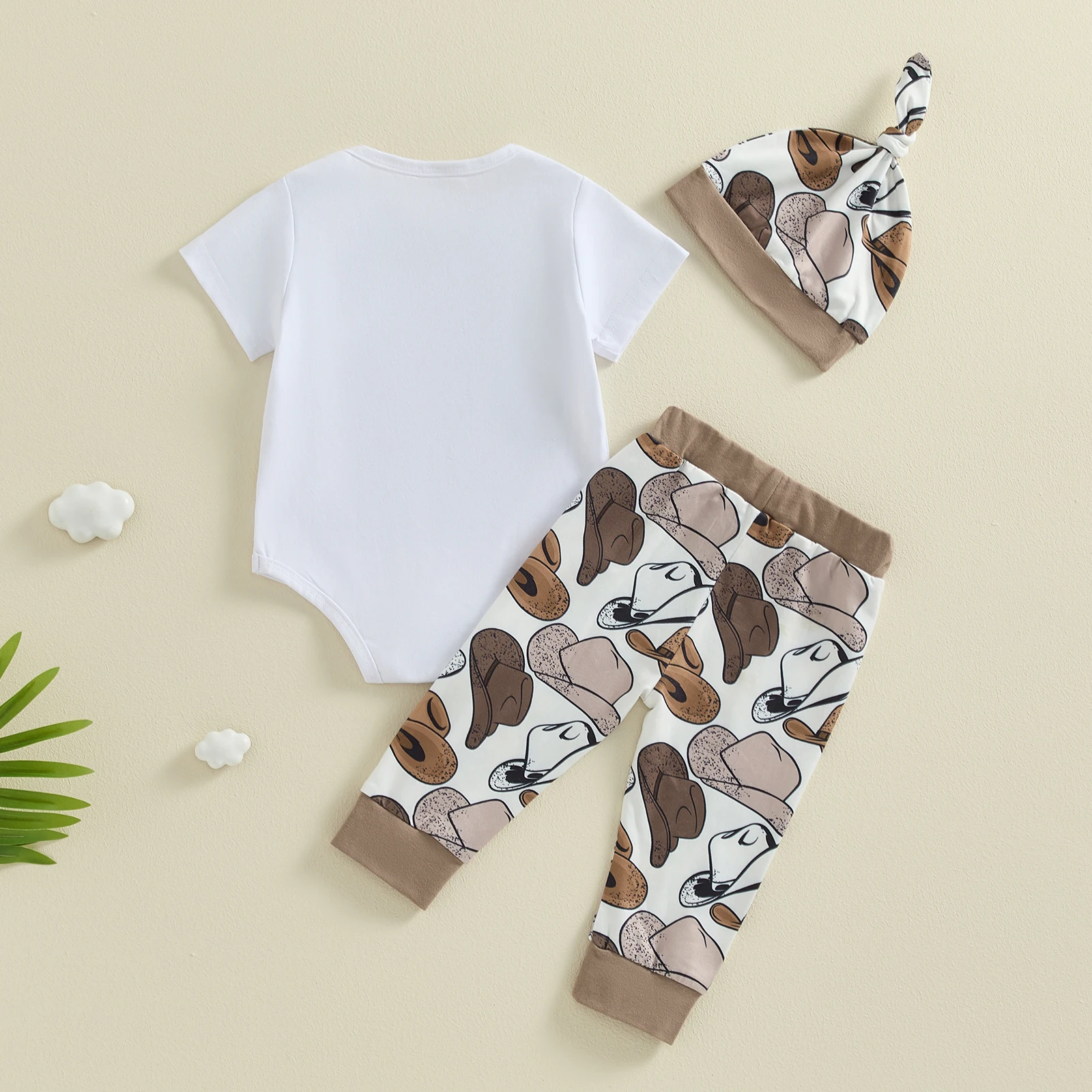 0-12M Newborn Baby Boys Summer Clothes Sets 3pcs Letter Print Crew Neck Short Sleeve Rompers Cowboy Hat Long Pant Hats