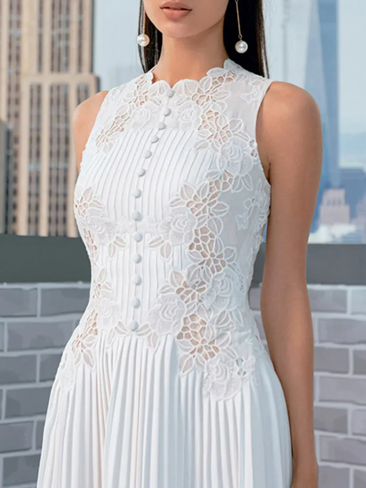 الصيف المدرج تطريز أنيق مطوي فستان المرأة بلا أكما...