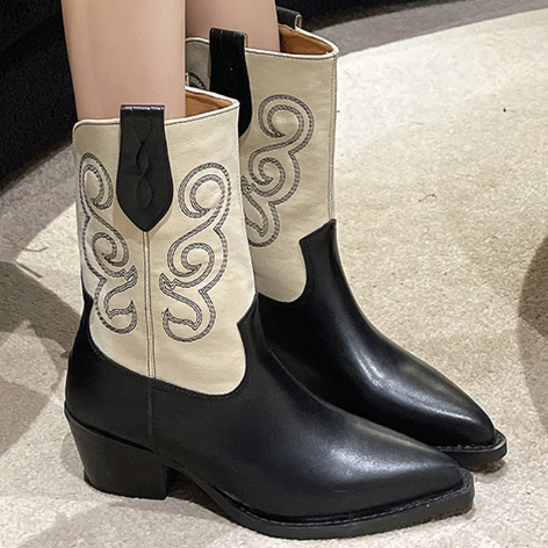 2023 High Quality Shoes for Women Pull on Mid Tube Women's Boots Mixed Colors Pointed Toe Chunky Heel Western Women's Boots