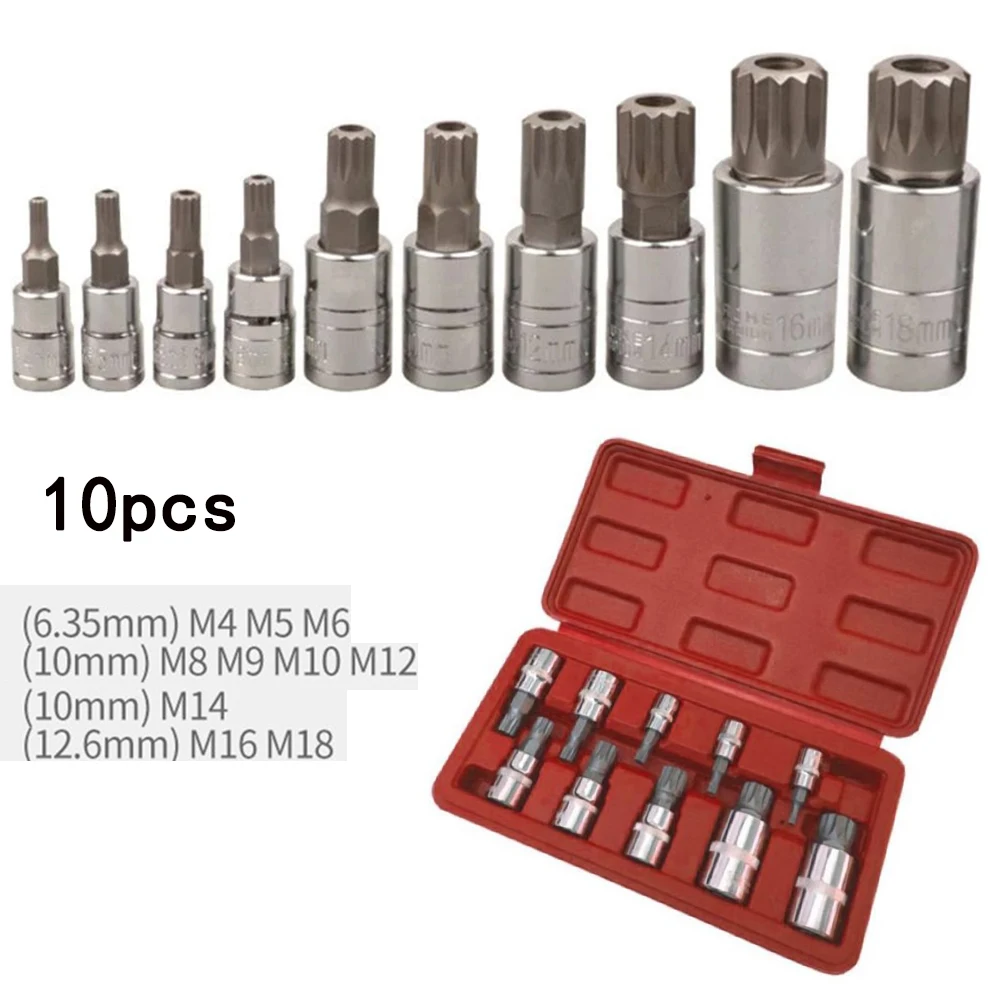 

10Pcs 12-Point Triple Square Bit Socket Set Tamper Proof For M4/M5/M6/M8/M9/M10/M12/M14/M16 Automotive Repair Tool Kit With Case