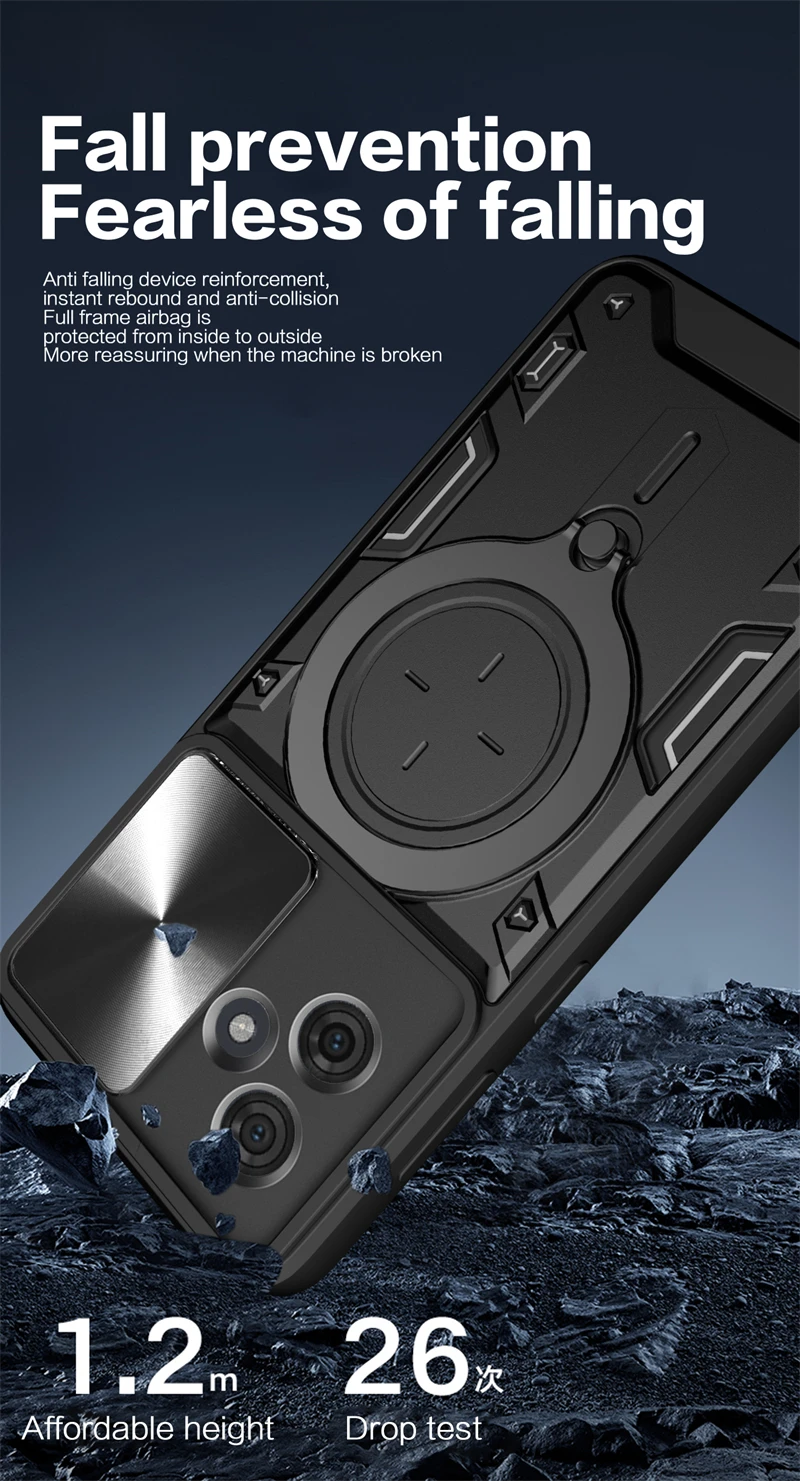 Durable Car Ring Stand Phone Case with Slide Camera Protection and Armor Back Cover