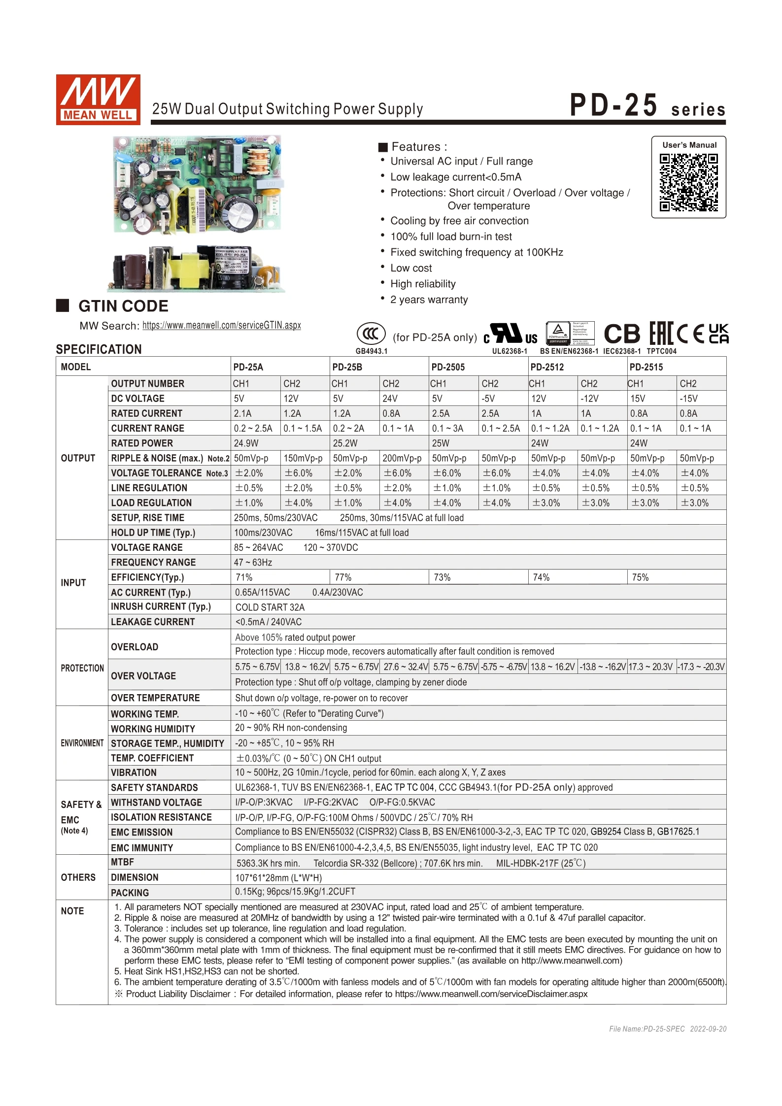 Series, 25W, Saída Dupla, PD-25A, PD-25B, PD-2505, PD-2512, PD-2515