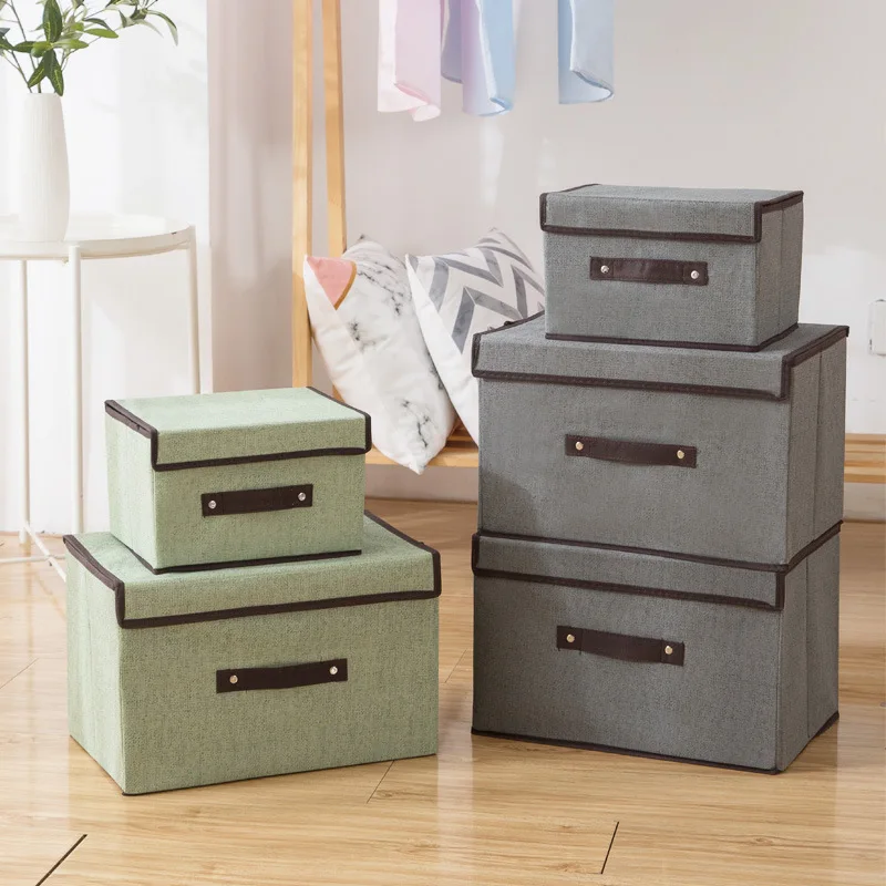 Storage Box with Lid Foldable Portable Storage Basket Container Bins Household Imitation Hemp Non-woven Fabric Storage Organizer