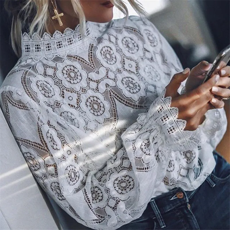 

Sexy Lace Hollow Office Long Sleeve Blouse 2022 Elegant High Neck Casual Business Shirts See Through T Shirt Fashion Tops Women