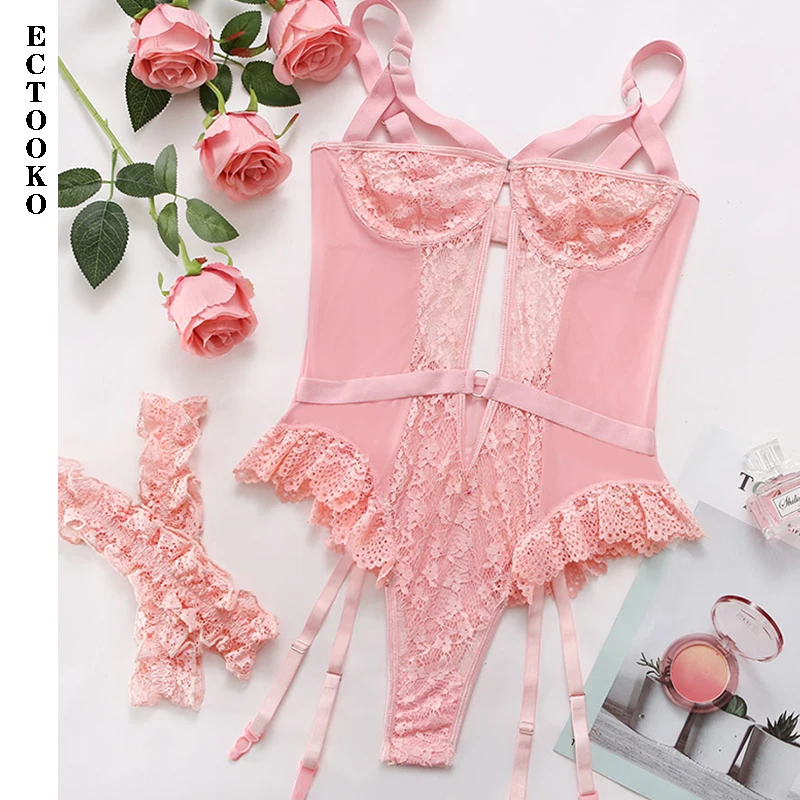 Embroidery Floral Backless Mesh Sheer See Through One-piece Rompers Women Lingerie Slim Bodysuit Babydoll sexy lingerie
