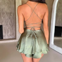 Women Satin Spaghetti Strap Mini Dress Vintage Sleeveless Backless Lace-up A-line Short Dress Sexy Party Club Dress Product Bullets 2
