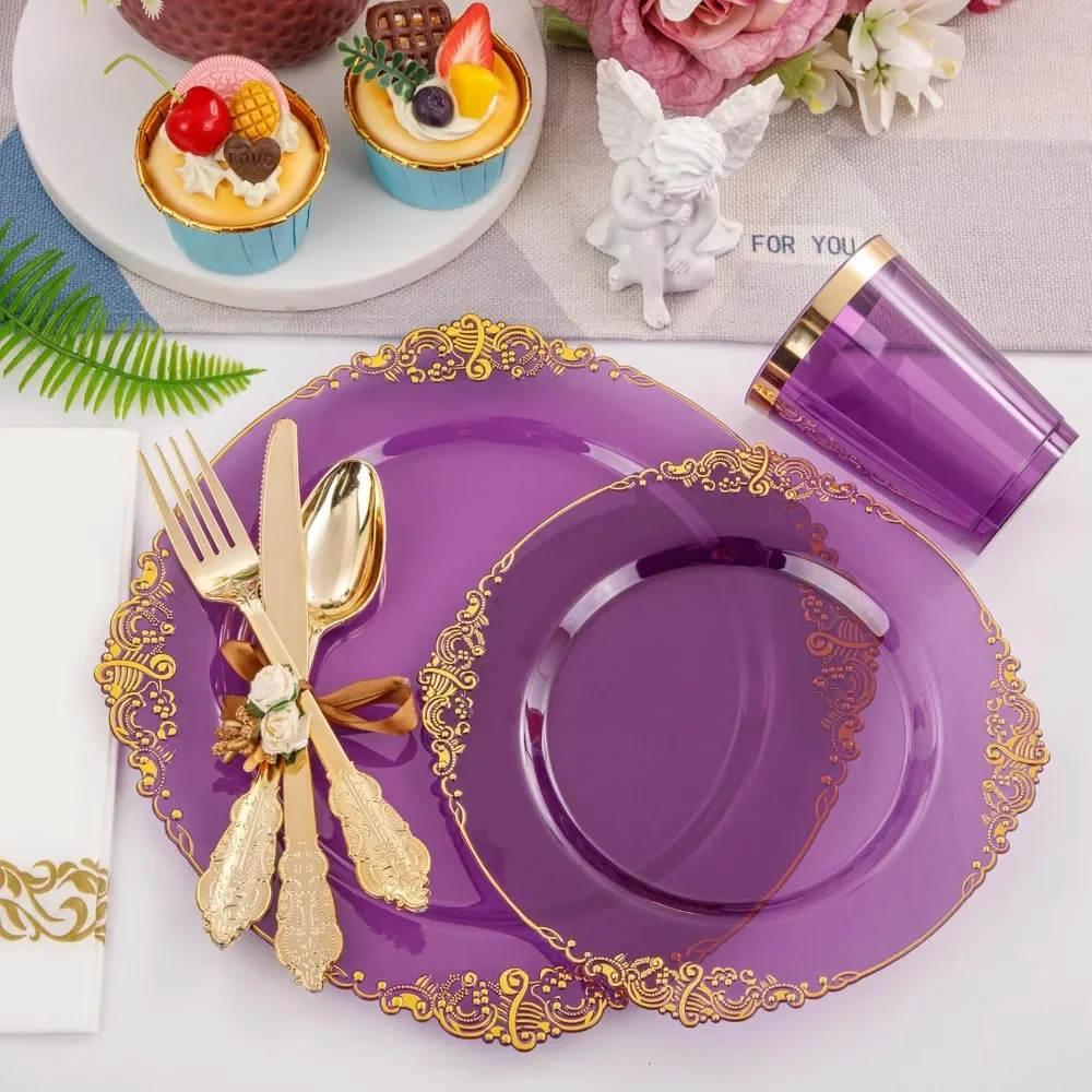 350PCS Purple Plastic Plates Purple Plastic Dinnerware Sets for 50 Guests 100 Disposable Plates 150 Gold