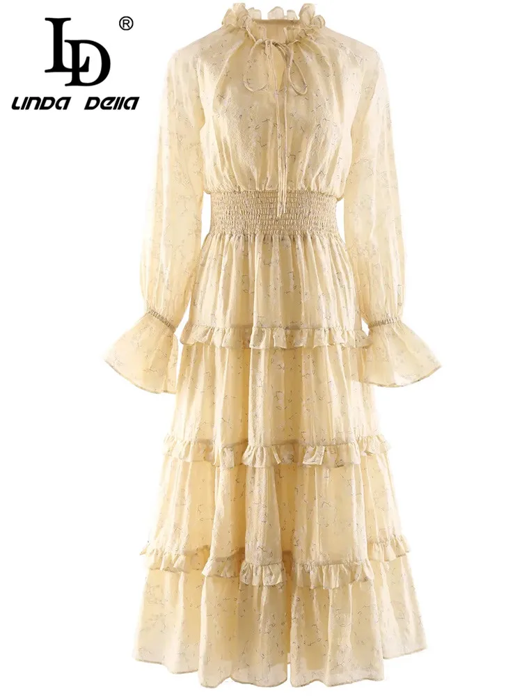 

LD LINDA DELLA Fashion Designer Summer Midi Dress Women Flare Sleeve Elastic waist Flower Print Elegant Holiday Party Dress