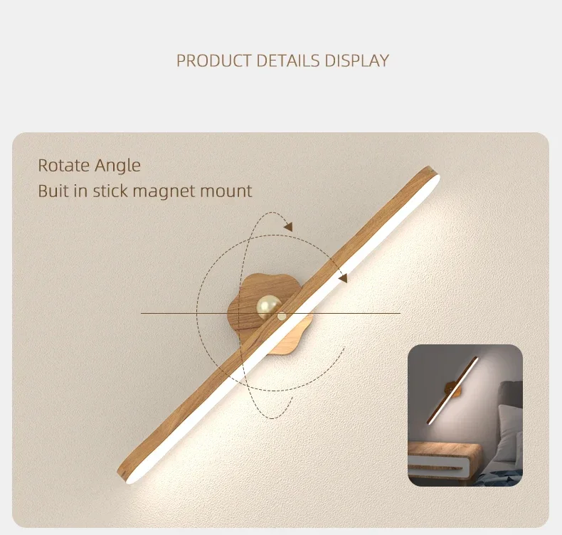 Description Picture 5 of itemLED Mirror Front Lamp Magnet Adsorption Mirror Screen Vanity Lamp Rotation Wood Color Night Light for Bedroom Makeup