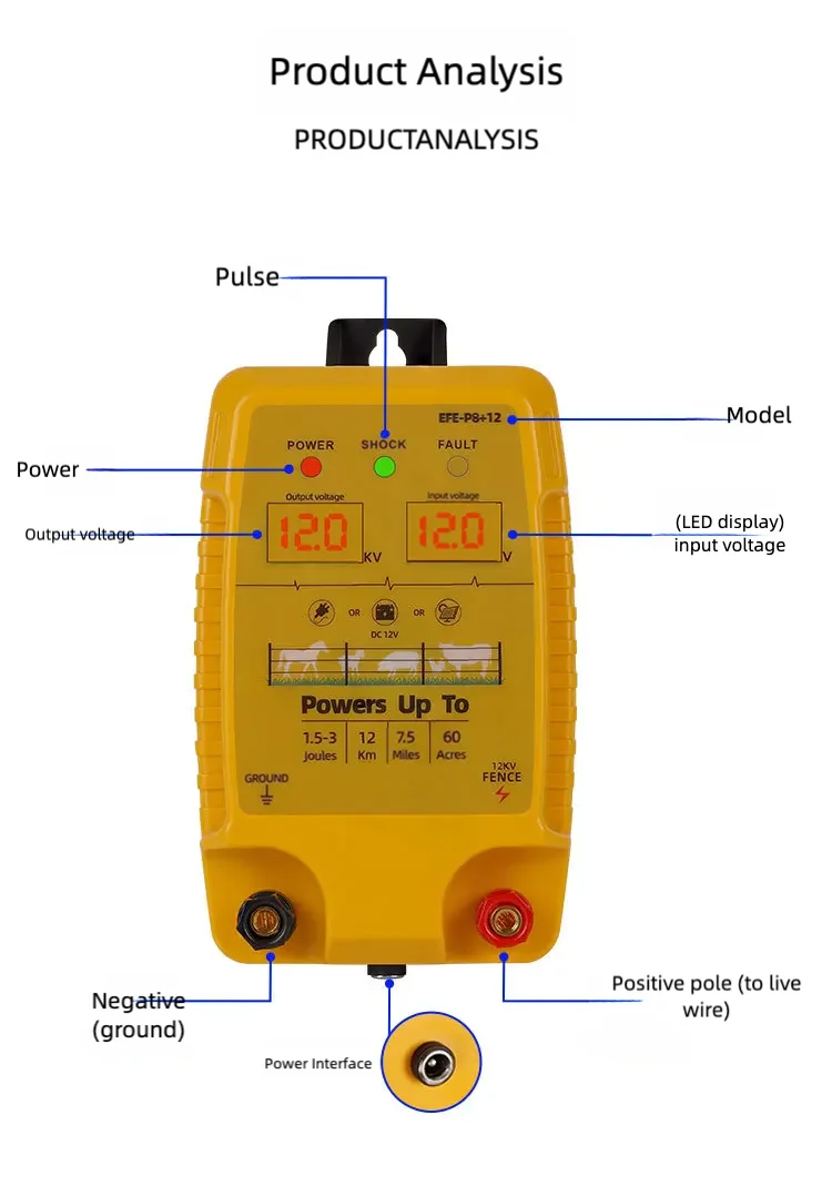 12KM Electric Fence 1.5-3 Joules Low Impedance Energizer Sheep Cattle Horse Poultry Controller Tool For Animal Captivity electric fence energizer