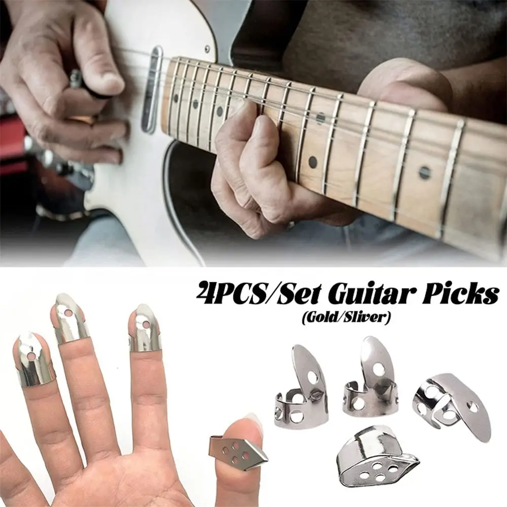 4PCS/Set Simple Metal Guitar Pick 1 Thumb + 3 Finger Gold/Sliver Guitar Finger Paddle Adjustable Plectrum