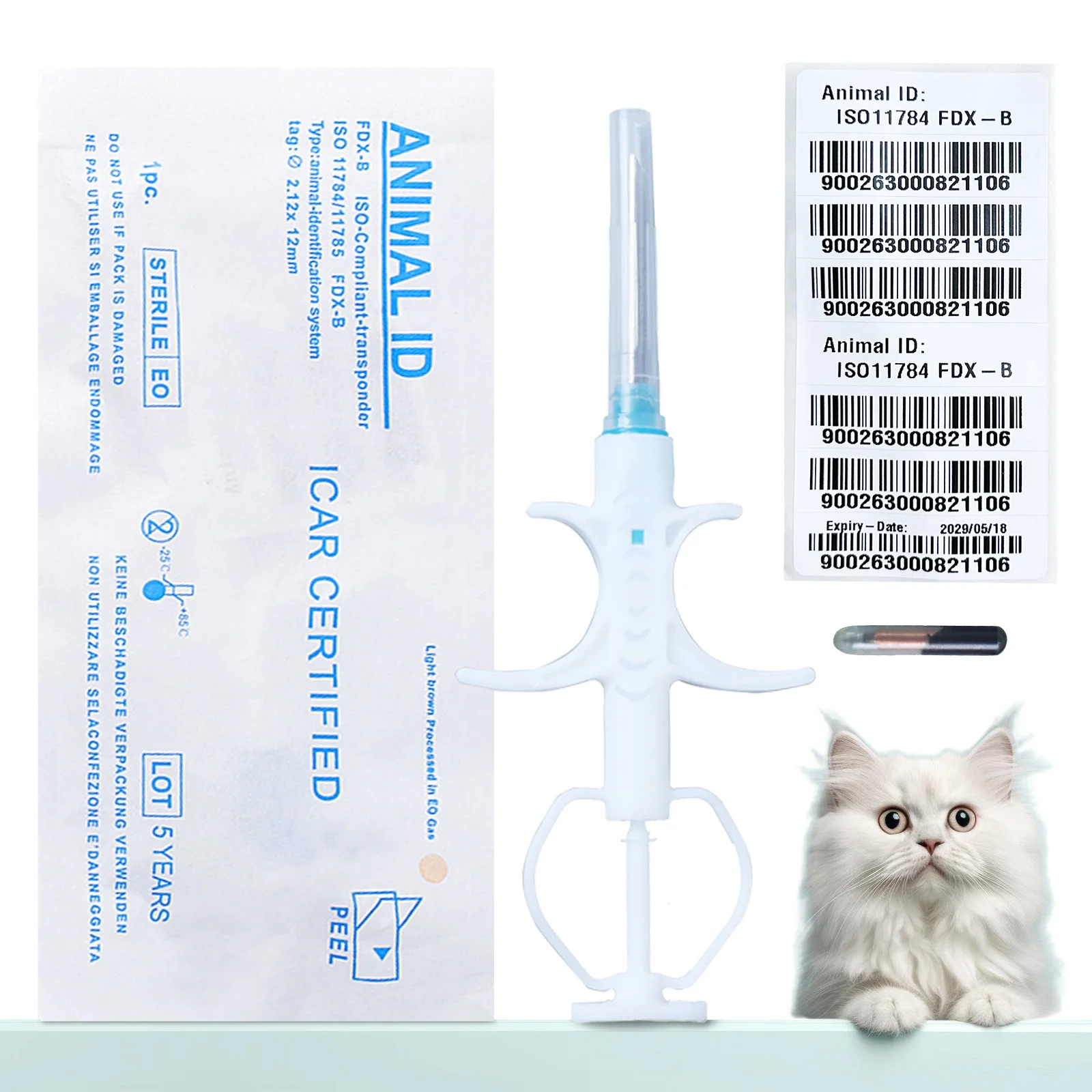 Pet Microchips 1.4x8mm ISO11784/785 FDX-B cat dog snake syringe x100pcs pet microchip