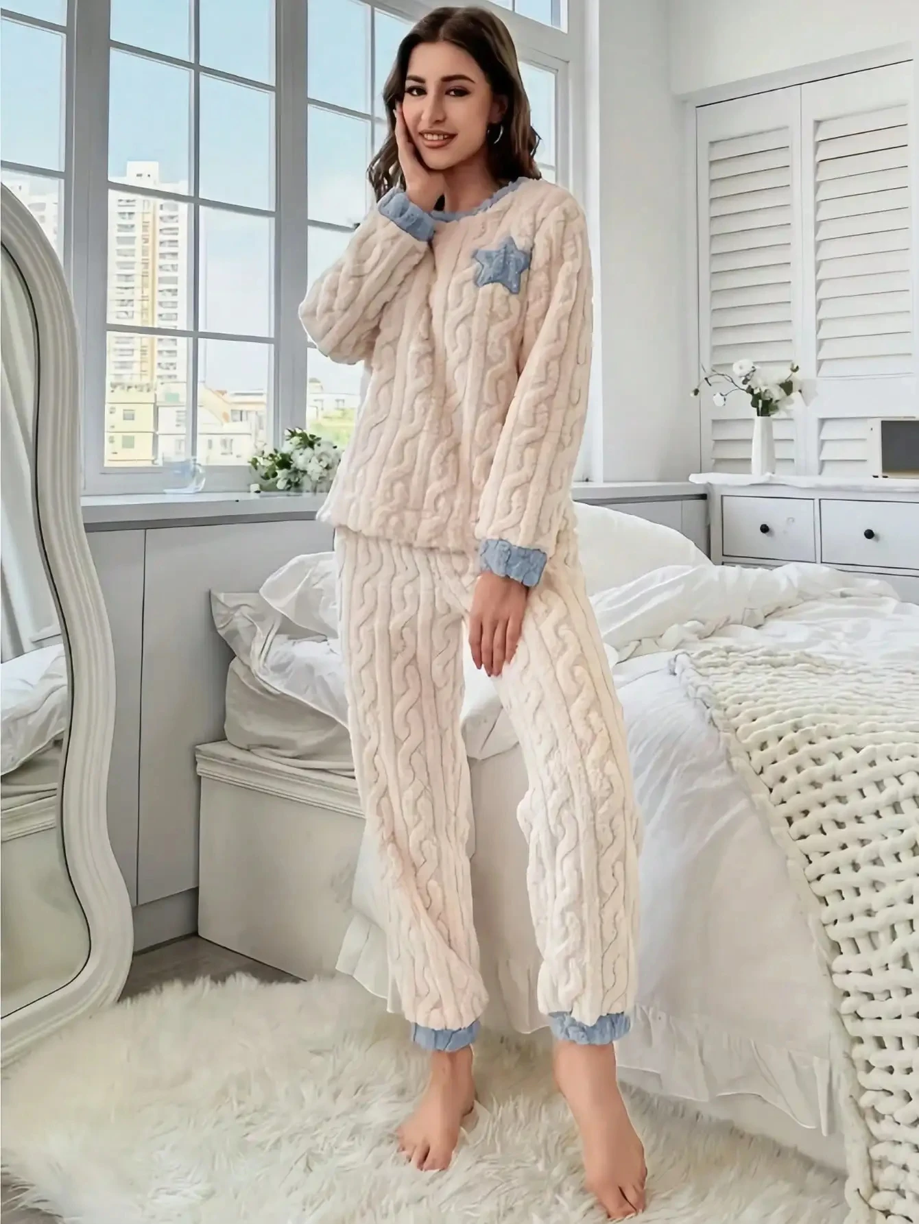 Women's Cozy Plush Cable Knit Fleece Pajama Lounge Set S8b68b20318e94679b9bb07258c34a739m