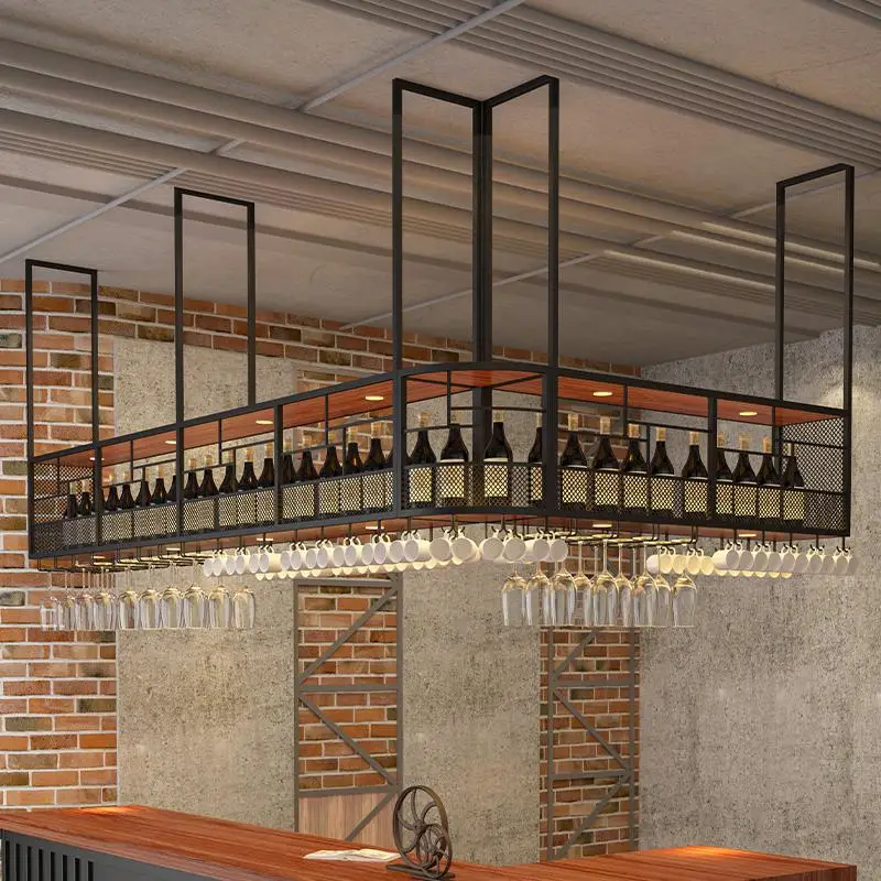 Industrial Style Iron Art Wine Rack Bar Hanging Wine Cabinet Hanging Bar Restaurant Upside Down Glass Cabinet