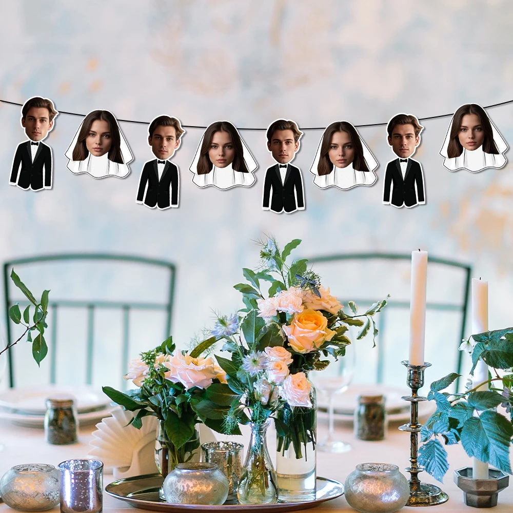 8 teile/satz Benutzerdefinierte Hochzeit Foto Banner Wand Hängen Banner Girlanden Personalisierte Gesicht Foto Braut Bräutigam Bunting Banner Hochzeit – Detail 9