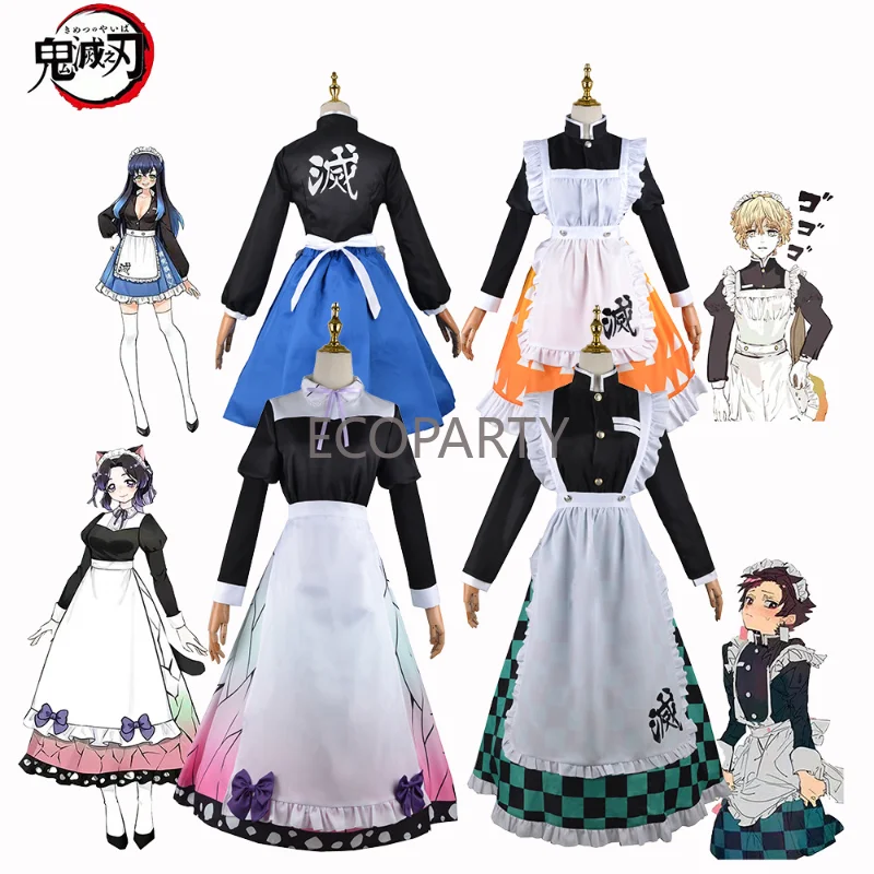 

2023 New Anime Ghost Destroying Blade Cosplay Costume Lolita French Restaurant Long Style Maid Uniform Apron Plaid Dresses