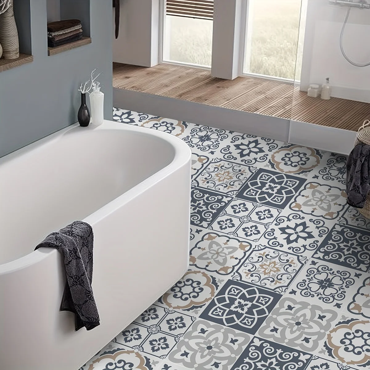9PCS retro printing floral pattern home decoration floor stickers waterproof non-slip self-adhesive imitation ceramic tile stic