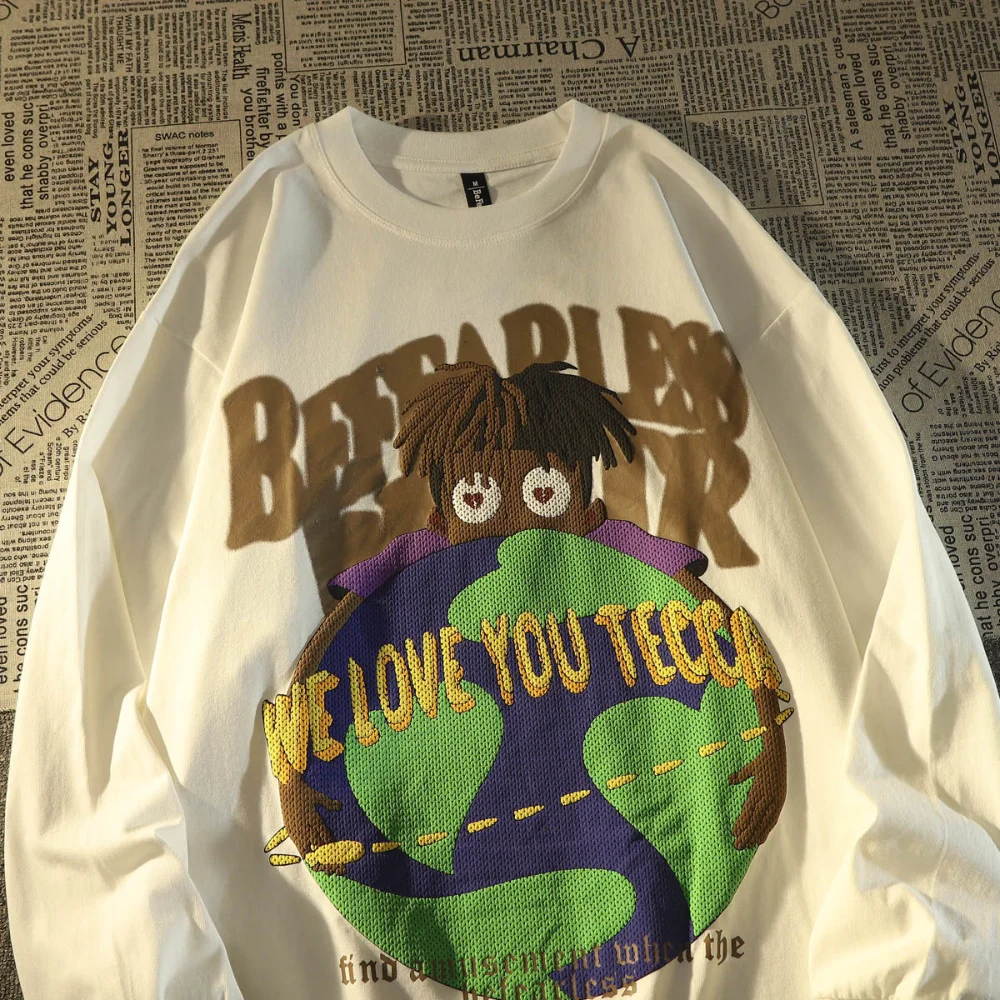 

Hip Hop Boy Hug Earth Cartoon Shirts Oversized Sweatshirt Warm Plush Winter Clothes Streetwear Y2K Kawaii Tops Harajuku Couples