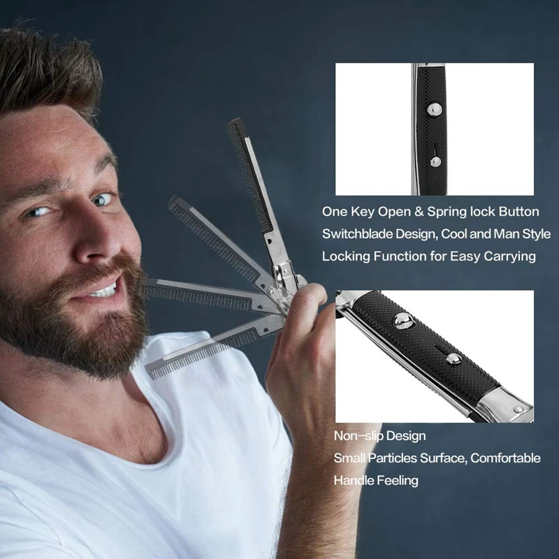 Stainless Steel Hair Folding Beard Comb Hairstyling Tools Switch Combo Pocket Long Round Handle Hair Comb 4