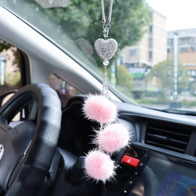 Cute Mirror Charms and Plush Ball Car Accessories for Women - Crystal and  Diamond Cat Rear View Mirror Hanging Ornaments and Decor