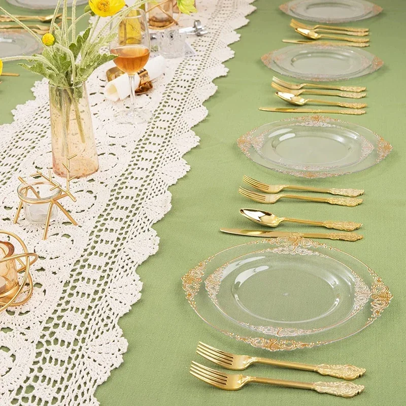 50 People Plastic Dinner Plates White Plastic Plates with Gold Rim Gold Lace for Weddings Celebration
