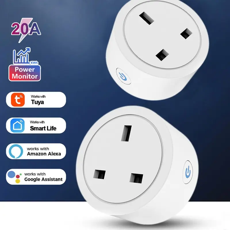 TUYA WIFI Smart Socket 20A UK Plug Power Monitor Voice Control Timing Work with Alexa Google smart plug smart switch
